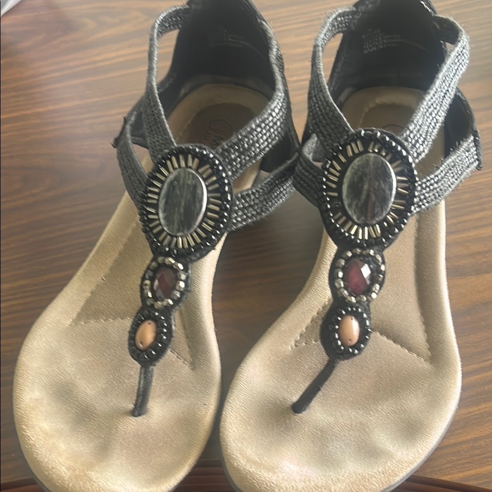 MIA Black and Cream Sandals with Vintage-Inspired Medallions
